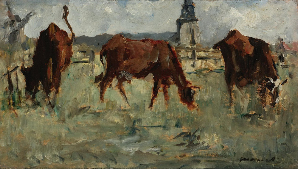 021马奈油画高清大图-牧场上的奶牛
