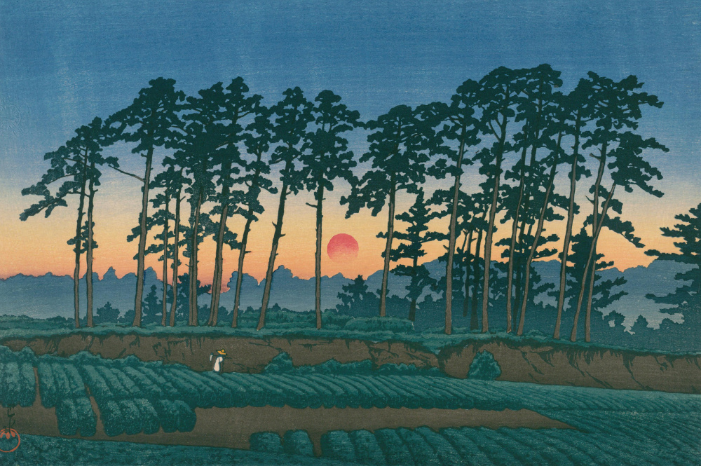 川濑巴水1928東京二十景池上市の倉夕陽大橙漫设075
