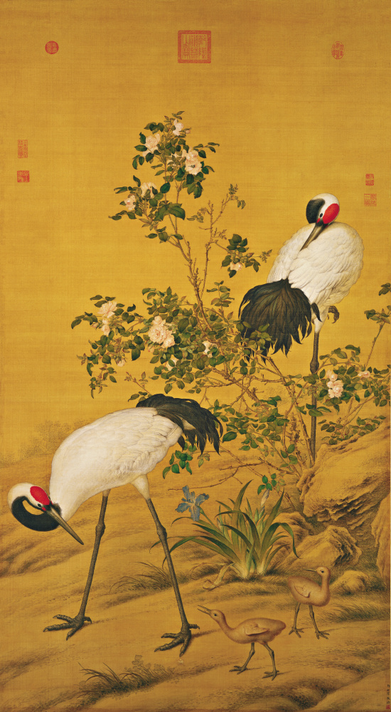 清 郎世宁 花卉双鹤图轴绢本150x82