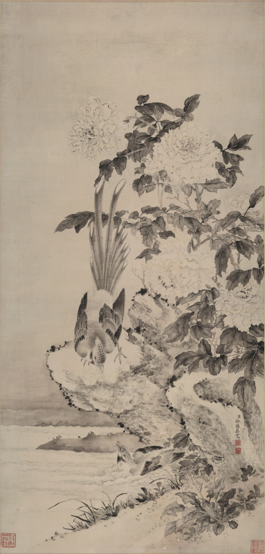 清 徐扬 牡丹山鹧图轴(牡丹双鹤)纸本117x55