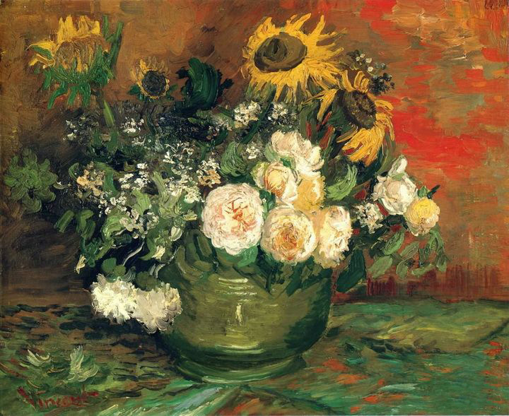 碗中的向日葵、玫瑰和其它花-梵高高清油画下载
