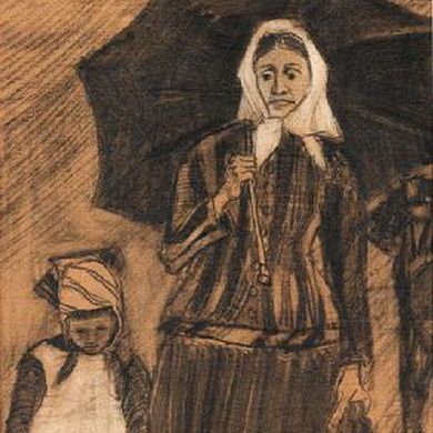 西恩在雨伞下与女儿在一起-梵高油画作品