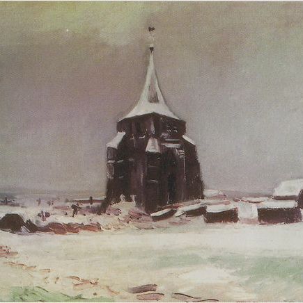雪中纽南老教堂旁的墓地-梵高油画作品