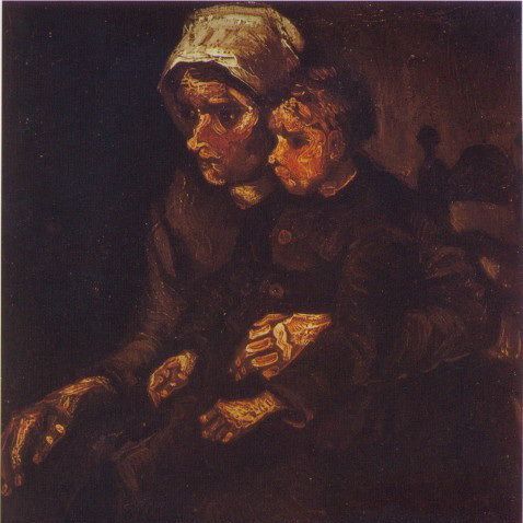 农妇和她膝上的孩子-梵高油画作品