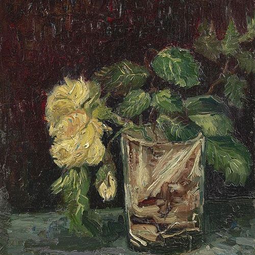 玻璃杯与黃玫瑰-梵高油画作品
