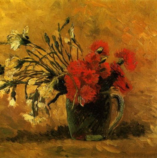 黄背景下的红、白康乃馨-梵高油画作品