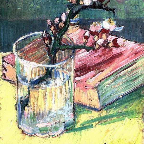 玻璃杯中盛开的杏花和一本书-梵高油画作品