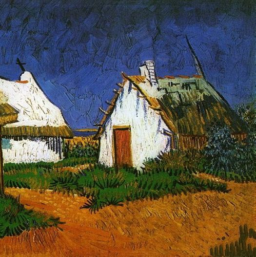 桑特-马瑞思的三栋白色小屋-梵高油画作品