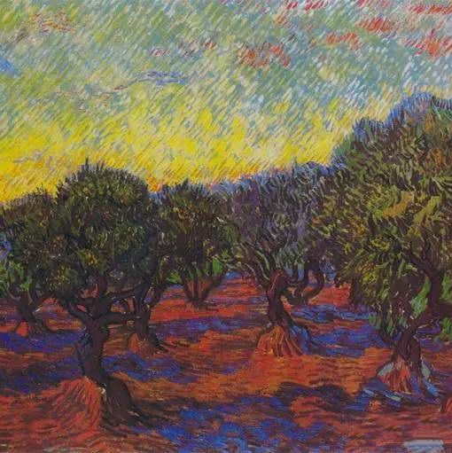 橄榄树 在桔红色的天空下-梵高油画作品