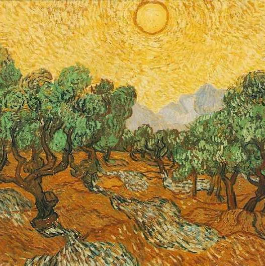 橄榄树和黄色的天空与太阳-梵高油画作品