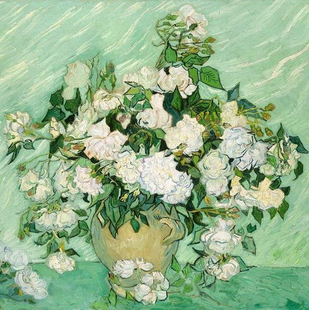 花瓶里的白玫瑰-梵高油画作品