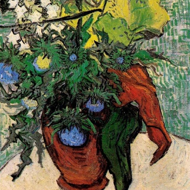 花瓶里的野花和蓟-梵高油画作品