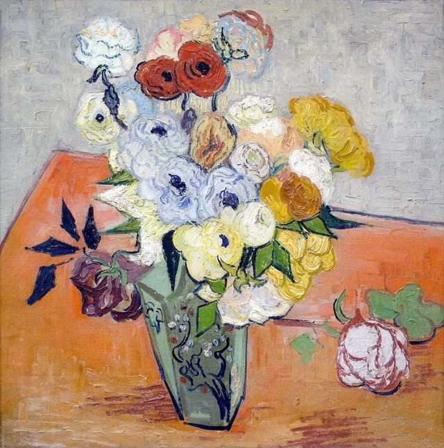 日本花瓶里的玫瑰和银莲花-梵高油画作品