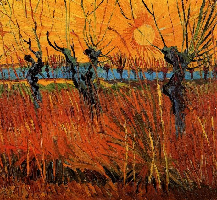 日落时的柳树-梵高油画作品