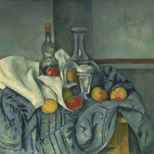塞尚油画《酒杯，酒瓶和桃子静物》高清大图-105